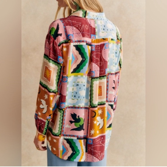 SÉZANE X PANGEA MAX SHIRT 100% Silk Button Down Long Sleeve Patchwork Multicolor - Picture 12 of 13